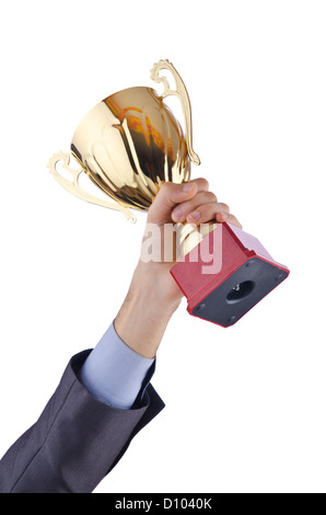 Hands with winners cup on white Stock Photo