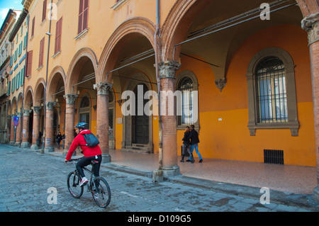 Cycling in Quadrilatero district central Bologna city Emilia-Romagna region northern Italy Europe Stock Photo