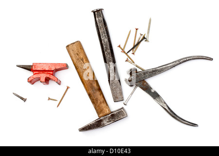 vintage work tools scattered on a white background Stock Photo