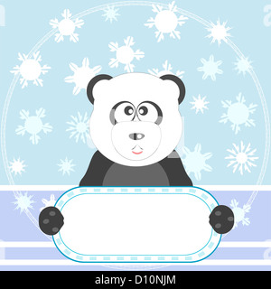 Cute panda with white blank on winter background Stock Photo