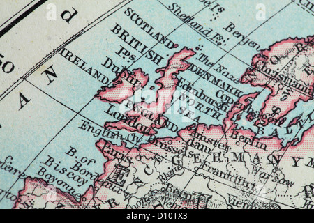 Antique map by W and A&K Johnston, printed in c.1888.  Illustrating the World in hemispheres.  Zoomed in on UK Stock Photo