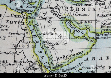 Antique map by W and A&K Johnston, printed in c.1888.  Illustrating the World in hemispheres.  Zoomed in on Arabia Stock Photo