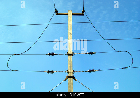 High Voltage Electric Transmission Lines and Electrical Post typical Funny Shaped Scene from Kerala India Stock Photo