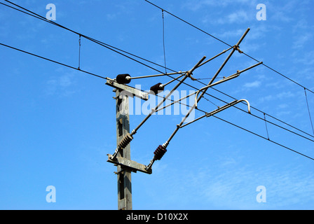 Railway Electric Line and Electric post Closeup view from Indian Railway Traction Stock Photo