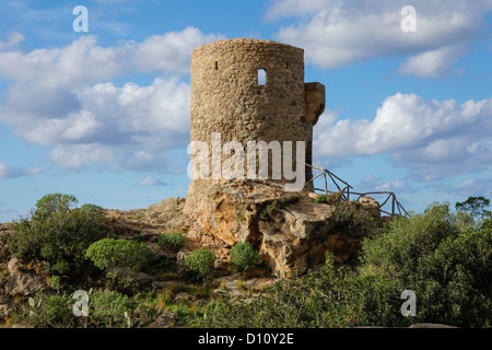 Nice view to the old watchtower torre del verger in Banyalbufar at the westcoast of mallorca, spain. Stock Photo