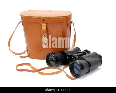 Black binoculars with orange cover on a white background Stock Photo