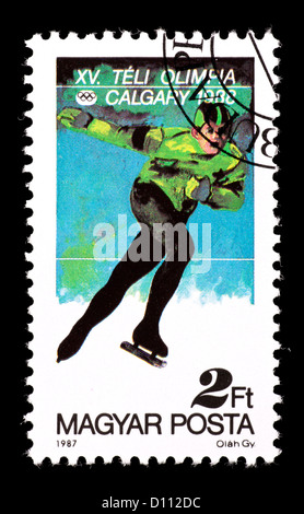 Postage stamp from Hungary depicting depicting a speed skater, issued for the 1988 Winter Olympic Games in Calgary, Canada. Stock Photo