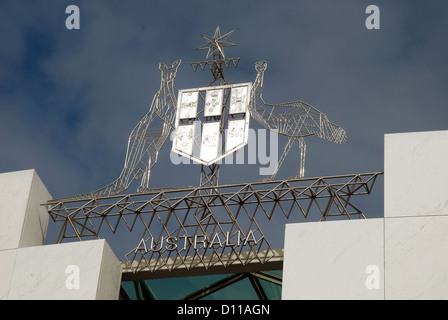 The Australian Coat of Arms above the entrance to Parliament House, Canberra, Australia. Stock Photo