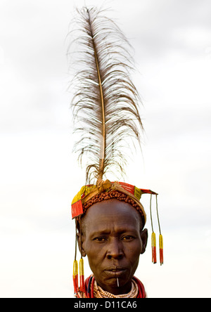 Karo Tribe Woman With Hat And Long Feather, Korcho Village, Ethiopia Stock Photo