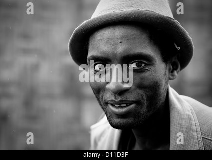 Black And White Portrait Of A Young Dorze Tribe Man With Hat, Chencha, Ethiopia Stock Photo