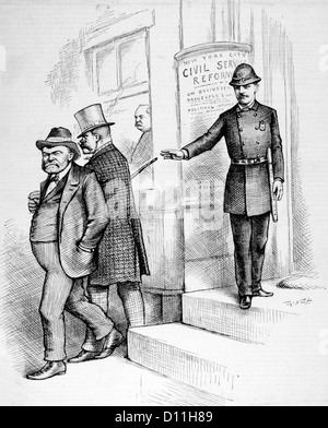 1880s 1884 THOMAS NAST CARTOON TEDDY ROOSEVELT AS POLICEMAN OUSTS TAMMANY HALL AND IRVING HALL BOSSES NYC CIVIL SERVICE REFORM Stock Photo