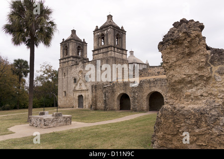 Front of the church at Mission Concepcion in San Antonio, Texas. Stock Photo