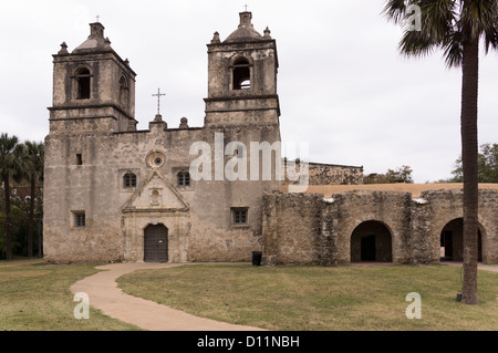 Front of the church at Mission Concepcion in San Antonio, Texas. Stock Photo