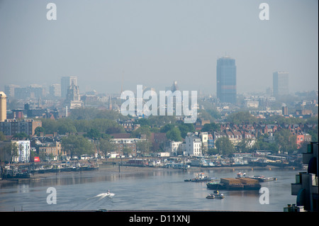 Hazy Aerial Views of The River Thames and Chelsea Embankment, London. Stock Photo
