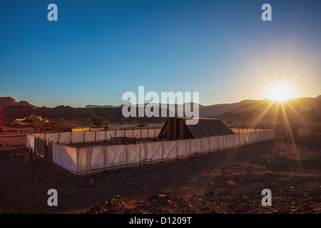 Sunburst Over The Replica Of The Tent Of Meeting And The Brazen Altar; Timna Park Arabah Israel Stock Photo