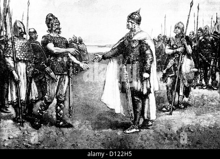 Illustration Of King Edmund Ironside and King Canute Meeting On the Island Of Olney Stock Photo