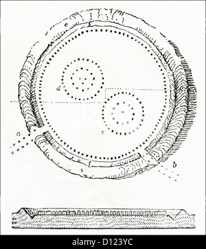 Plan and sectioned view of Avebury Neolithic henge stone circles Wiltshire England UK. Victorian woodcut engraving circa 1845 Stock Photo