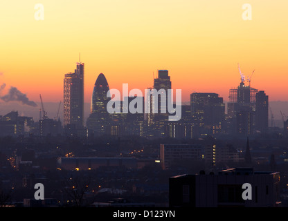 London city skyline from Archway bridge at dawn showing City, Gherkin, NatWest Tower and Tower 42 London England UK Stock Photo