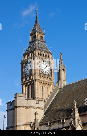 Elizabeth Tower (aka Big Ben or clock tower) at the north end of the Palace of Westminster, London, England, UK. Stock Photo