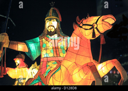 Illuminated sculptures of ancient Korean warriors on display in Chinatown, Singapore Stock Photo