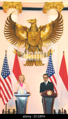 US Secretary of State Hillary Rodham Clinton delivers remarks with Indonesian Foreign Minister Raden Mohammad Marty Muliana Natalegawa during a press conference after their meeting September 3, 2012 in Jakarta, Indonesia. Stock Photo