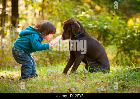 Young kid playing fetch game with dog and Frisbee Stock Photo