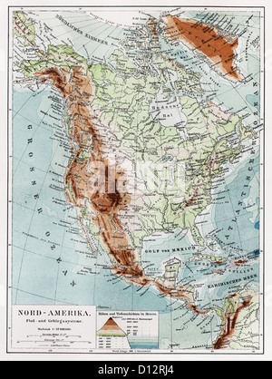 Geographical vintage map of North America Continent at the end of 19th century Stock Photo