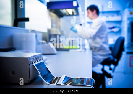 Young male scientist or researcher age twenties sat working at fume cupboard with biological samples in a science laboratory Stock Photo