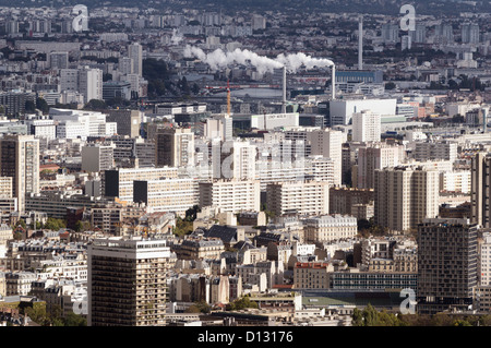 Paris - towards the 13th Arrondissement - high rise brutalist residential architecture - incinerator chimney in the distance Stock Photo