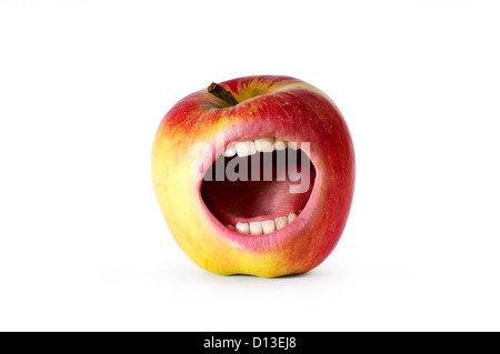 red angry apple with mouth and clipping path Stock Photo