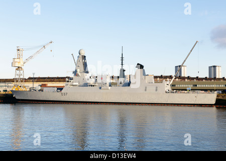 Royal Navy Type 45 Destroyer HMS Duncan on the River Clyde at BAE Systems Shipyard in Scotstoun, Glasgow, Scotland, UK Stock Photo