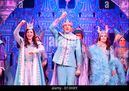 London, UK - 6 December 2012: photo call for Snow White and The Seven Dwarfs at New Wimbledon Theatre. Actress Priscilla Presley makes her pantomime and London stage debut as The Wicked Queen, joined by film and TV star Warwick Davis as Prof and funny man Jarred Christmas who also makes his pantomime debut as Herman the Henchman. Stock Photo