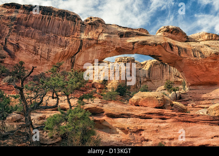 The Hickman Bridge is a sandstone natural arch spanning 133 feet in Utah’s Capitol Reef National Park. Stock Photo