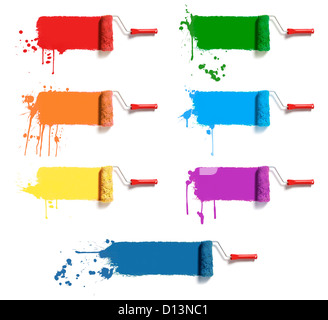roller brushes with seven colors paint Stock Photo