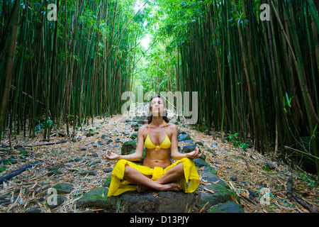 Hawaii, Maui, Kipahulu, Woman Meditating In Bamboo Forest. Stock Photo