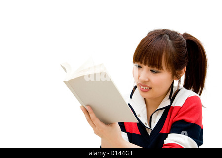 Girl reading a book, isolated on white background Stock Photo - Alamy