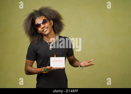 African American Male Posing with Card, Service Stock Photo