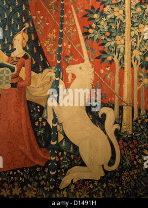 Detail from one of the six tapestries of The Lady and the Unicorn, Cluny Museum, Paris. Stock Photo