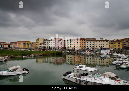 Boats on a Canal in the District of Venezia Nuova in Livorno in Tuscany, Italy Stock Photo