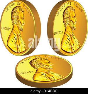 American gold money, one cent coin with the image of the Lincoln in three different angles Stock Photo