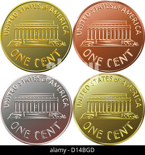 American gold money, one cent coin with the image of the Lincoln Memorial, four color options