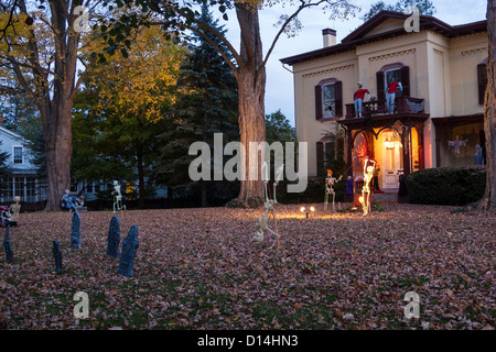 Halloween Decorations at Dusk, Two Story Showcase Home, USA  2012 Stock Photo