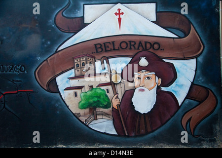 Beautifully painted wall mural on the streets of Belorado Spain. A tribute to the Camino, Santiago, St. James, and the pilgrims. Stock Photo