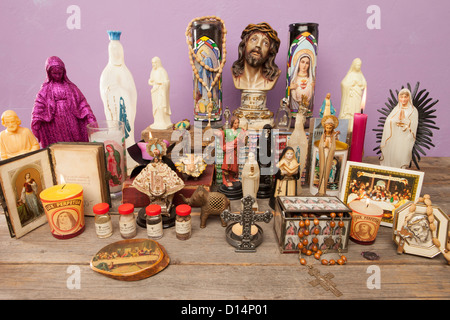 Religious icons and crosses on table Stock Photo