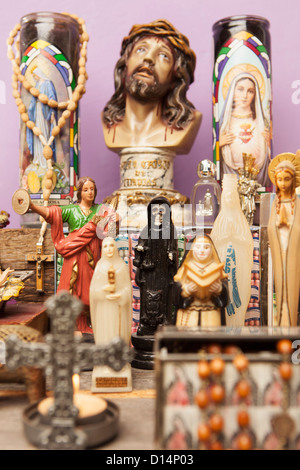 Religious icons and crosses on table Stock Photo