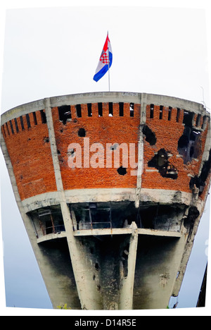 Croatia, Vukovar. The Vukovar water tower. Heavily damaged in the battle. Stock Photo