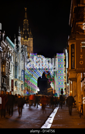 Colourful illuminated arch at the Festival of Lights / Light Festival in the city Ghent at night, Belgium Stock Photo