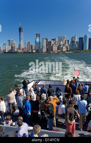 Skyline of Manhattan, view from Staten Island Ferry, NYC, USA Stock Photo