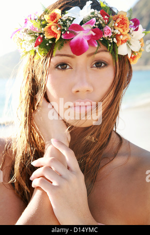 Hawaii, Oahu, Headshot Of Beautiful Pacific Island Woman Wearing Haku. Stock Photo