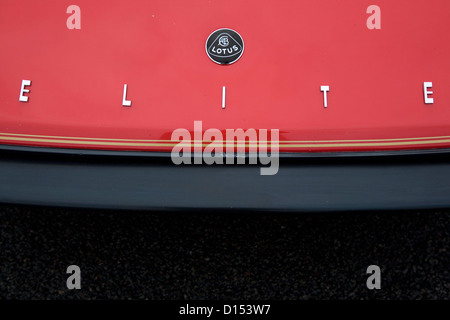The bonnet badge of a red Lotus Elite classic car. Stock Photo